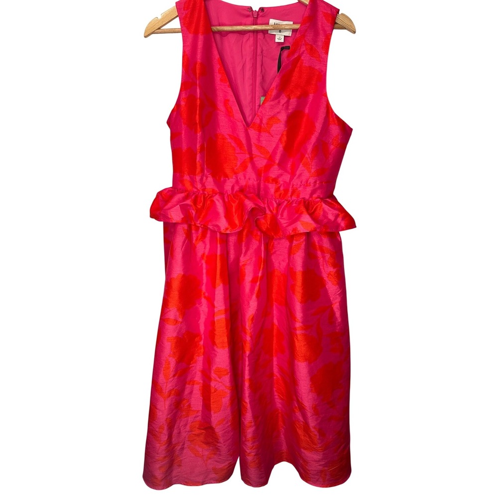 Kate Spade New York Pink Orange Floral Peplum Sleeveless Midi Ruffle Party Dress